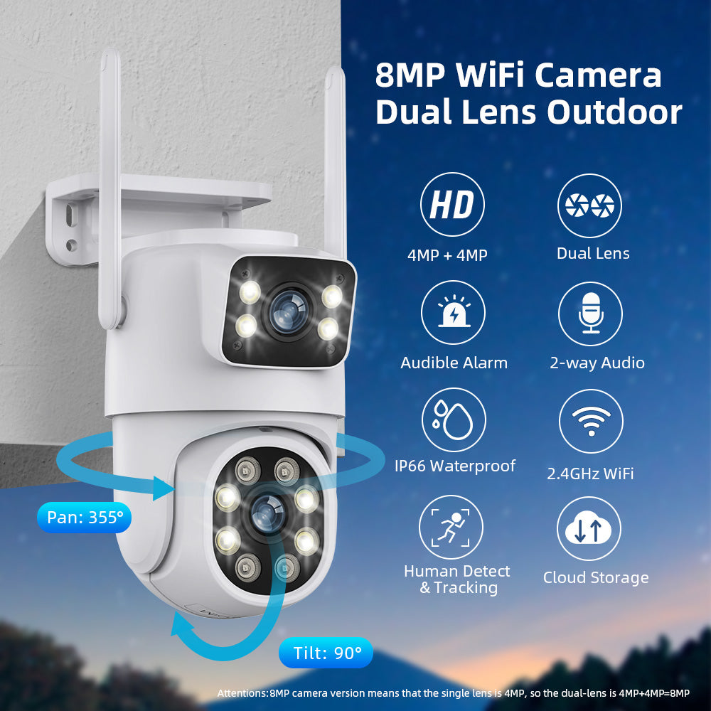 4K 8MP HD Wifi PTZ Camera Outdoor Dual Lens Dual Screen AI Auto Tracking IP Camera CCTV Audio Video Surveillance P2P iCSee