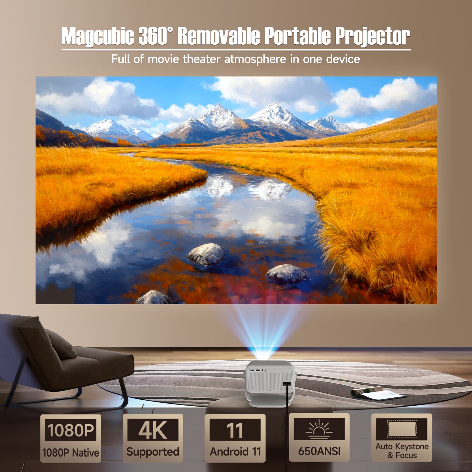 Magcubic L018 4K Projector – Android 11, 650 ANSI Lumens, Native 1080P, Auto Focus & Keystone, BT5.2, WiFi6, Allwinner H713, Portable 360° Rotation