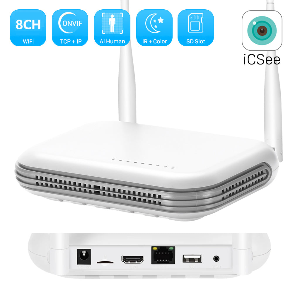 WiFi NVR 8CH 8MP H.265 ONVIF Network Video Recorder | Wireless Security System | Face Detection